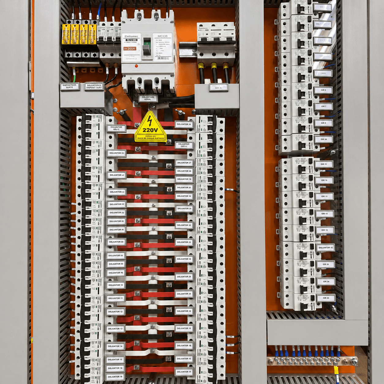 Quadro de distribuição elétrica aberto com barramentos, disjuntores e circuitos identificados